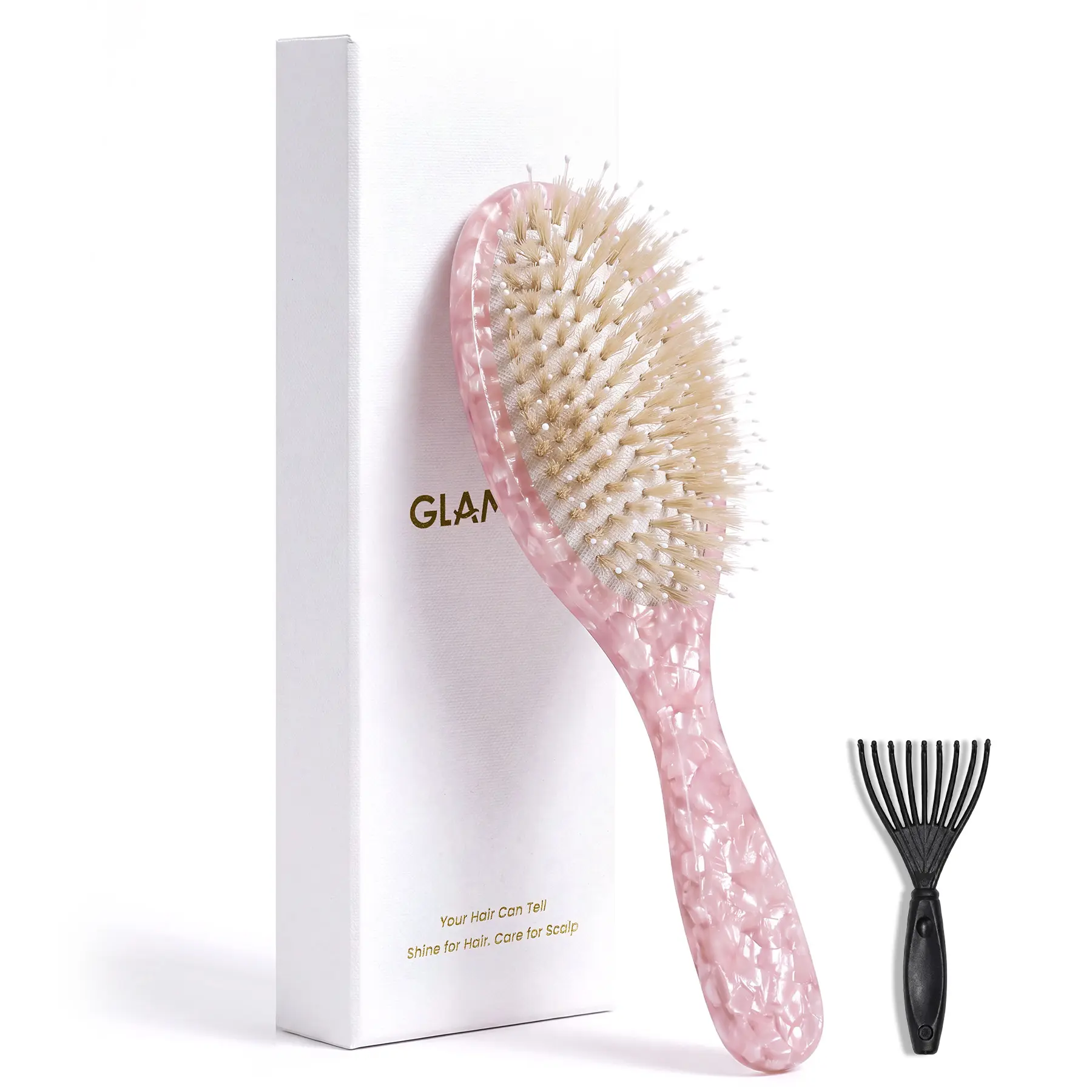 GLAMUP Female Pure Boar Bristle Hair Brush - Pink Acetate Anti-Static Scalp Massaging Paddle Brush for Long Hair Shine & Frizz Control