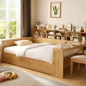 Natural Wood Full Size Smart Multifunctional Daybed - ARCH Indoor Furniture Bed Frame with Built-in Study Desk, Storage Shelves, Drawers, Space-Saving for Bedroom, 91.3L x 64.9W x 44.9H in, Smart Multifunctional Beds