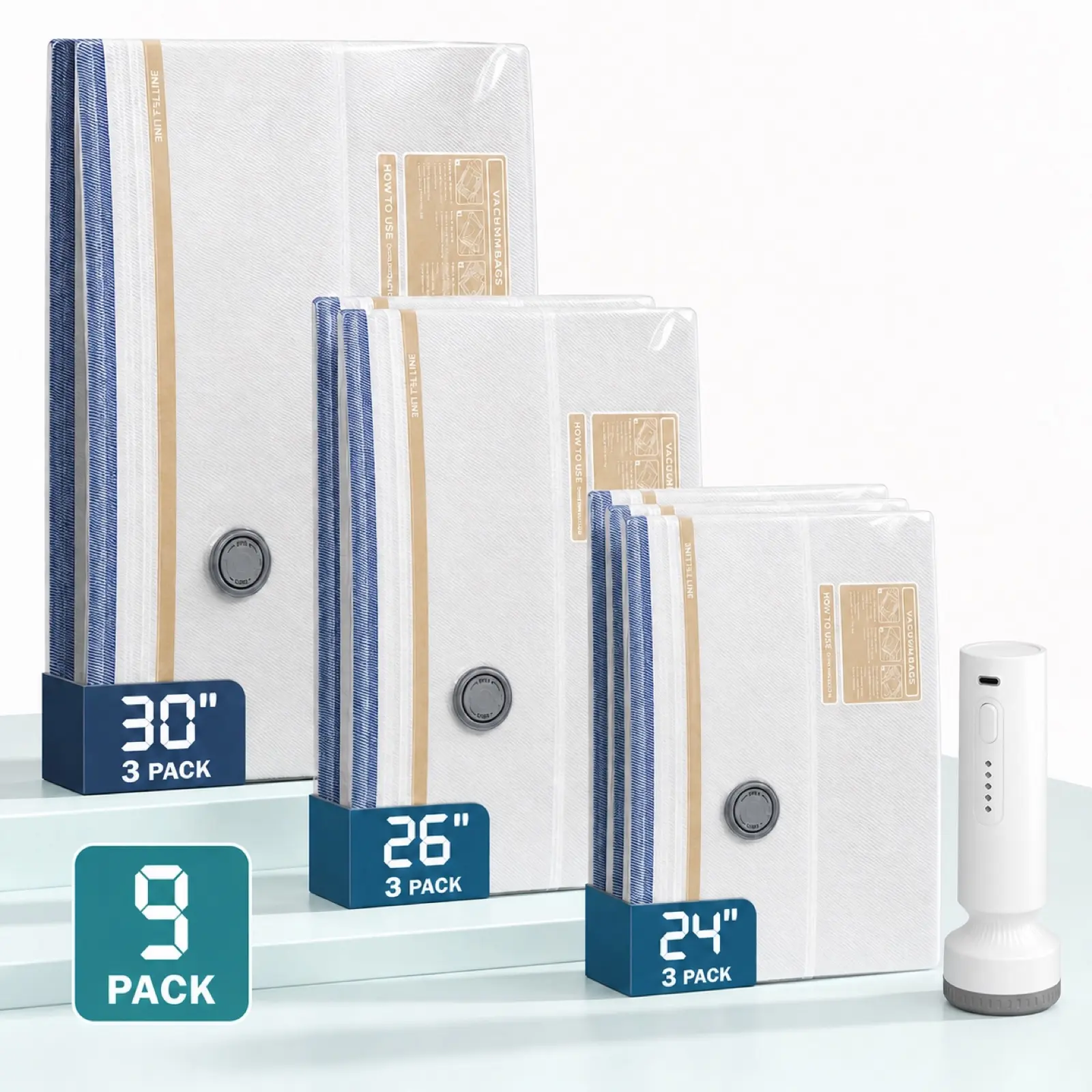 Cordless Vacuum Storage Bags Set, 9 Pack in 3 Sizes with USB Rechargeable Handheld Pump, 5000Pa Strong Suction, Space Saver Bags for Clothes, Bedding, Travel & Moving