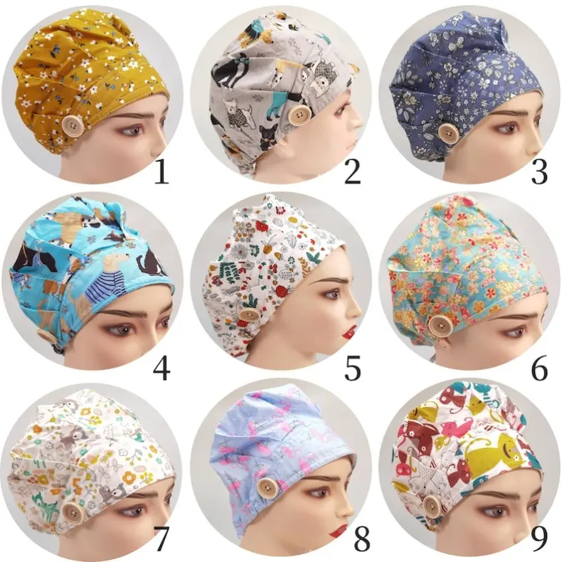 Bouffant Scrub Cap, Sweatband & Adjustable Cord-Lock, , Optional Buttons, Cotton Fabric, Floral/Animals Print