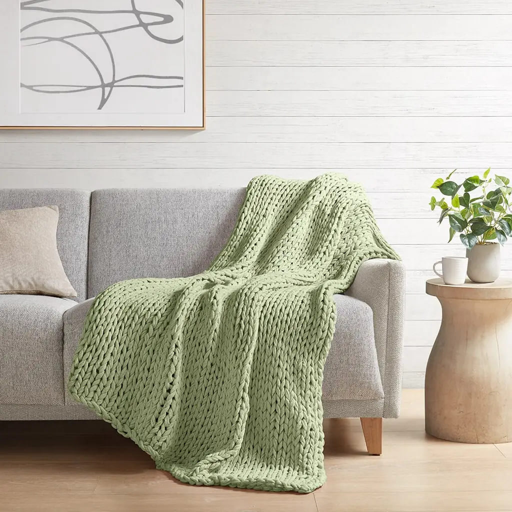 360 Stand Chunky Double Knit Interlocked Acrylic Fiber Throw Blanket, Handmade 50x60x0.25 in, Sage Green for Couch Use, Interlocked Yarn