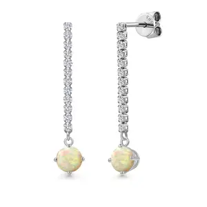 14K White Gold White Ethiopian Opal and White Lab Grown Diamond Long Liner Dangle Earrings for Women | 0.96 Cttw | Gemstone October Birthstone | Round Cabochon 5MM | White Gold Chain Drop Earrings