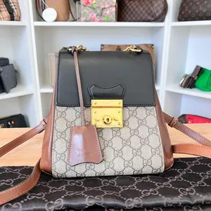 Pre-owned GUCCI Coated Canvas Leather Backpacks GG Supreme Monogram Calfskin Padlock Backpack Beige Cuir Black