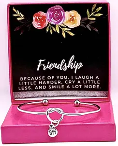 Friendship Bracelet Adjustable Stretch Bangle with BFF Dangling Charm & Gift Box Featuring Meaningful Quote for Best Friends