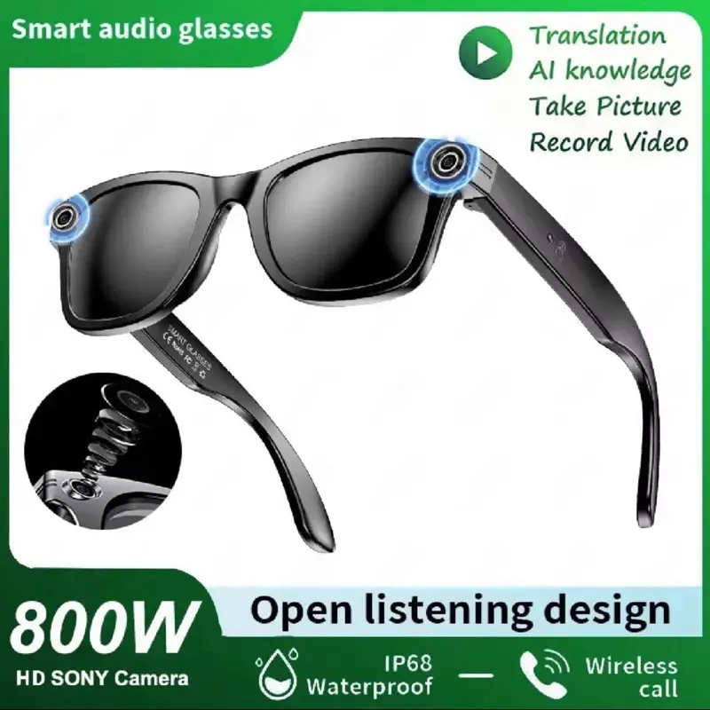 AI Smart Black Sunglasses with 8MP Camera, WiFi, Bluetooth, Touch Control, IP67 Waterproof Rating, AI Translation, and Noise Cancelling Function