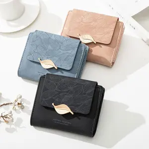 Fresh Leaf Printed Ladies Short Mini Coin Purse with Buckle Foldable Zipper Design Lightweight Portable Small Wallet for Women Girls Casual Cute Fashion Multifunctional Daily Outdoor Travel Shopping Storage Bag