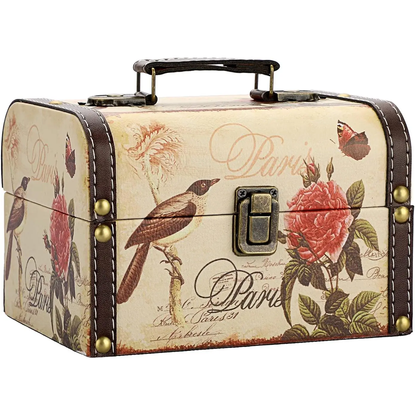 Decorative Treasure Chest Box, Wooden + PU Leather Storage Box for  Trinkets, Keepsakes box for Girls Women Gifts (Bird + Flower )