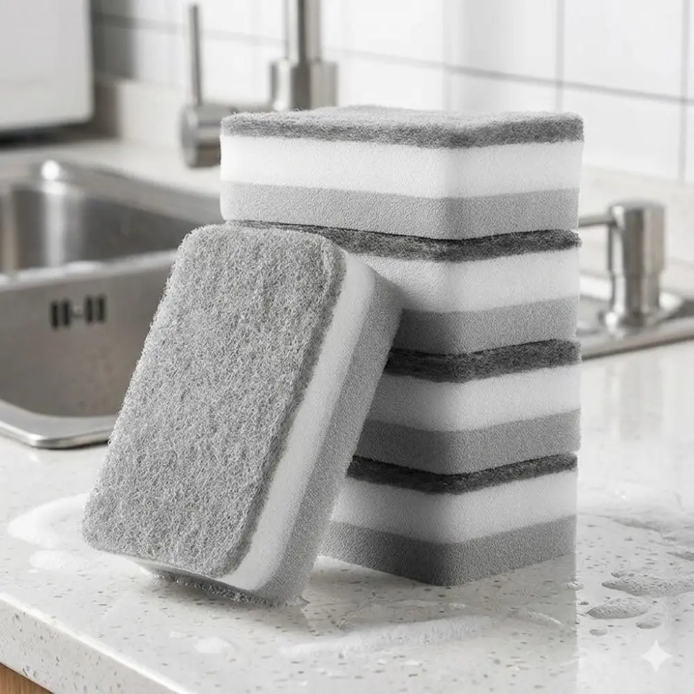Double Sided Cleaning Sponge for Kitchen & Bathroom, Antibacterial Dish Scrubber, Scratch-Proof Durable Scouring Pad, Multi-Surface Cleaner for Dishes Countertops Sinks, Heavy-Duty Grease Removal Tool