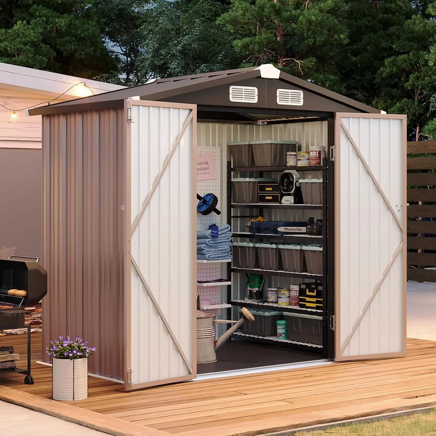 Aoxun 6’ X 4’ Ft Galvanized Steel Outdoor Storage Shed with Floor Included, Sturdy Compact Metal Build, Weatherproof Ventilated Double-Door Design, Ideal for Tools, Bike Storage