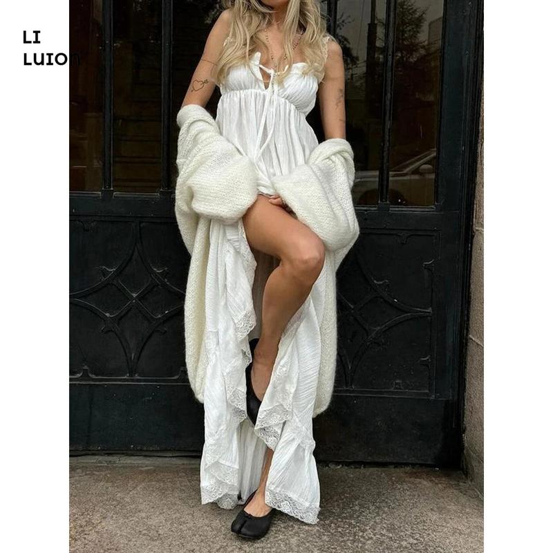 Women's Loose Sleeveless White Long Skirt For Lady Seaside Vacation