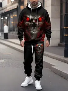 Men's Skull Print Hoodie and Pants Matching Set, Fall Winter Sporty Fitted Long Sleeve Knit, Outdoor Casual 2-Piece