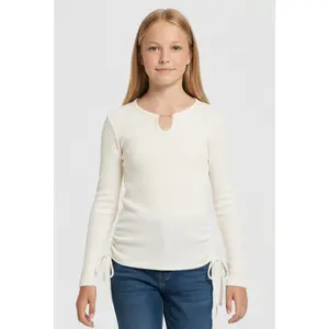 Girls Rhinestone Notch Neck Rib Knit Top