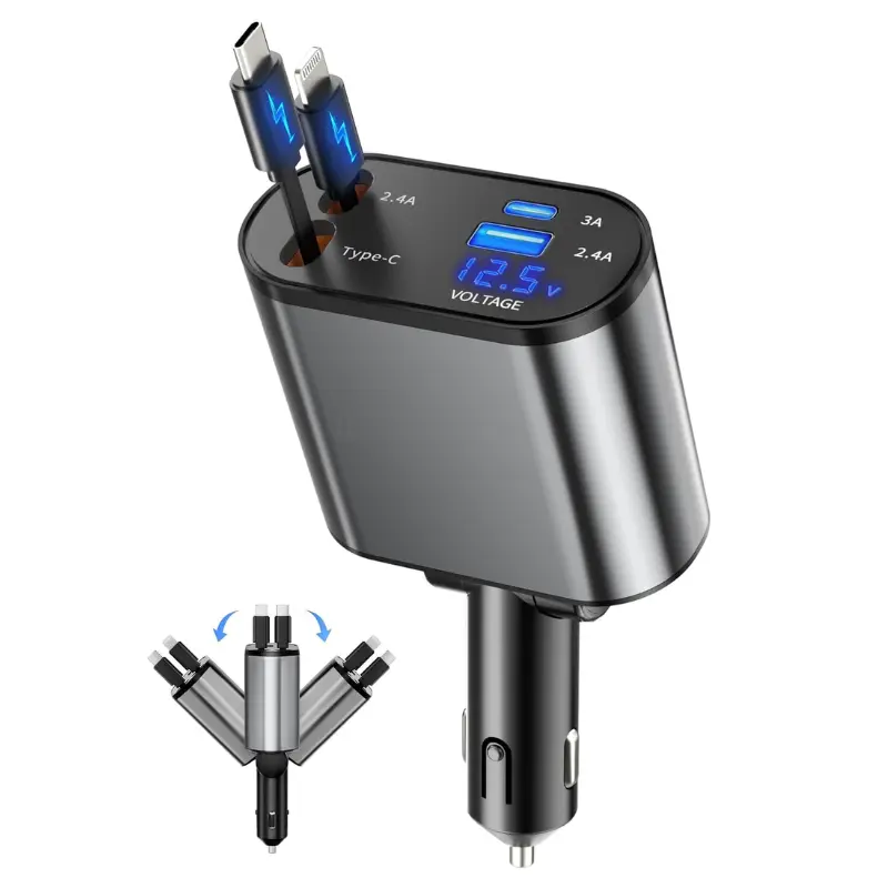 Joytutus Aluminum 120W Retractable 4-in-1 Car Charging Cable & 4-Port Plastic Multi-Port Car Charger, 12V-24V Fast Charge Automotive USB-C Mobile Phone Accessories, 48.0W & Above Output, Clutter-Reducing Plug for iPhone Galaxy Pixel Laptops Headphones