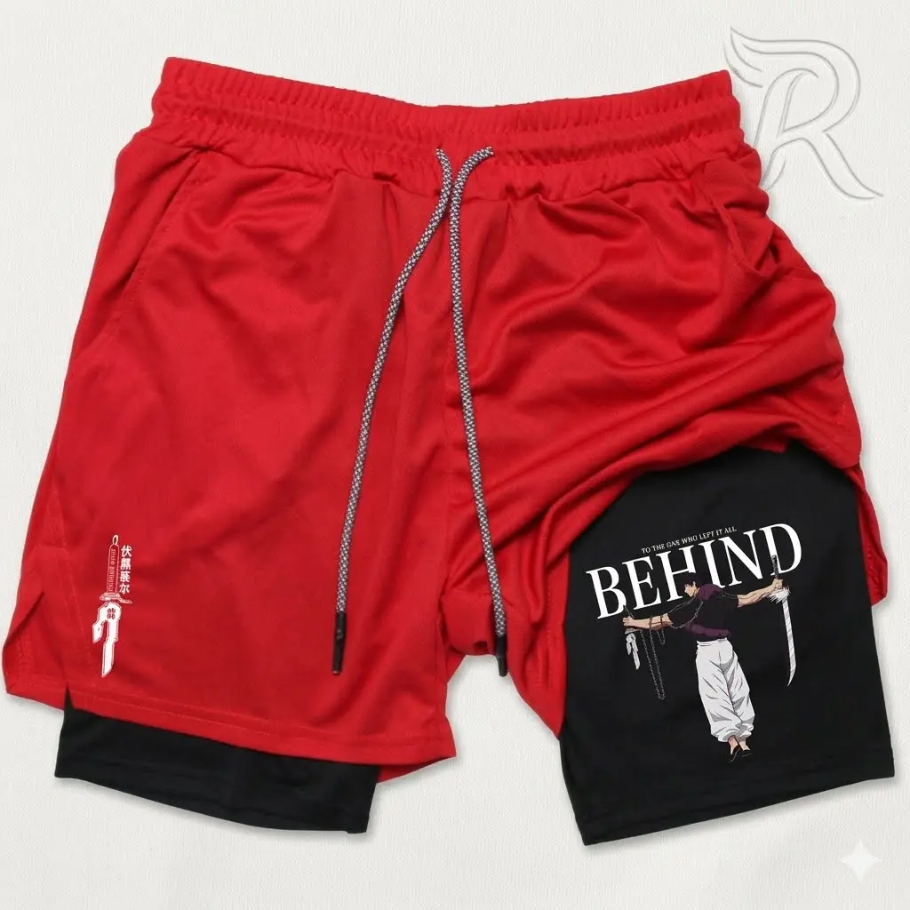 Men's Anime Toji Fushiguro 2-in-1 Running Shorts - Bilayer Quick-Dry, Red Black Summer Gym Athletic Wear