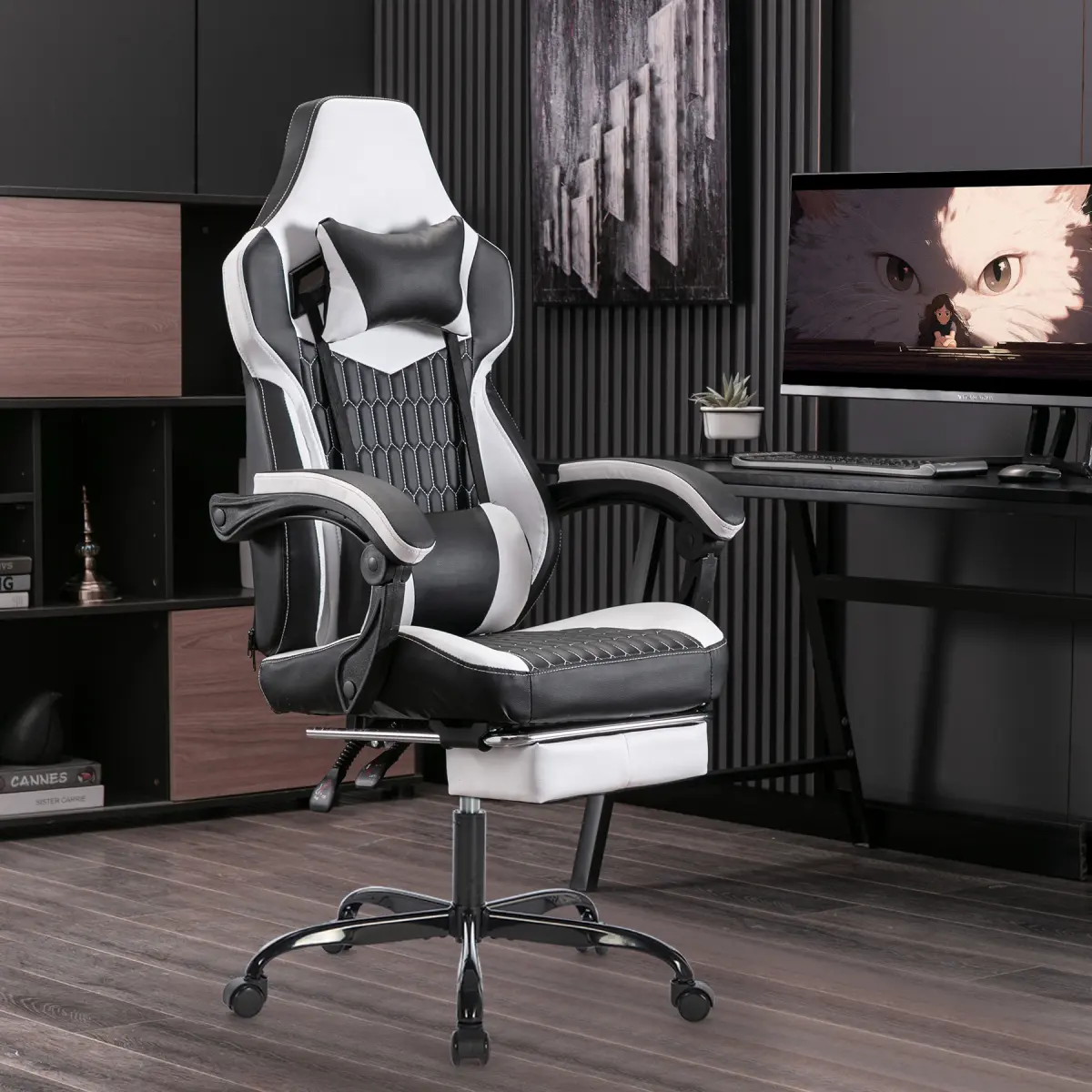 Gaming Chair with Footrest, High Back Gaming Chairs PVC Leather Ergonomic Office Gamer Chair Headrest Lumbar Support Racing Style Video Gaming Chair (Black White/Pink)