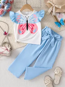 Girls' Summer Fashion Set, Butterfly Print Short Sleeve Top & Elastic Waist Pants, Casual Elegant for Ages 4-8, Perfect Birthday Gift