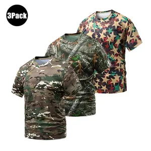 Men’s 3-Pack Multi-Design Camouflage Printed Quick-Dry Short-Sleeve Crew Neck T-Shirts, Summer Casual Athletic Style Activewear, Stretch Fabric Training Sports Tee Set, Athleisure Outfit