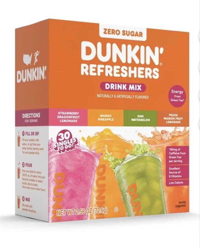 Dunkin' Refreshers Zero Sugar Singles to go Powdered Drink Mix Variety Pack, 30 Count Packets