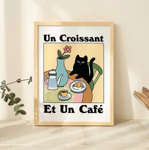 French Cafe Croissant Cat Poster, Retro Drink Poster, Bistro Coffee Posters, Un Cafe Sil Vous Plait, Kitchen Decor, Unique Posters Without Framed