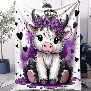 Four - Season Highland Cow Flannel Blanket Cow Pattern Blanket Highland Cow Flower Butterfly Elements, Bedroom Throw Sofa Leisure Blanket Kids' Room Soft Decor Blanket Camping Warm Blanket Balcony Napping Blanket, for Kids Couples Family Friends