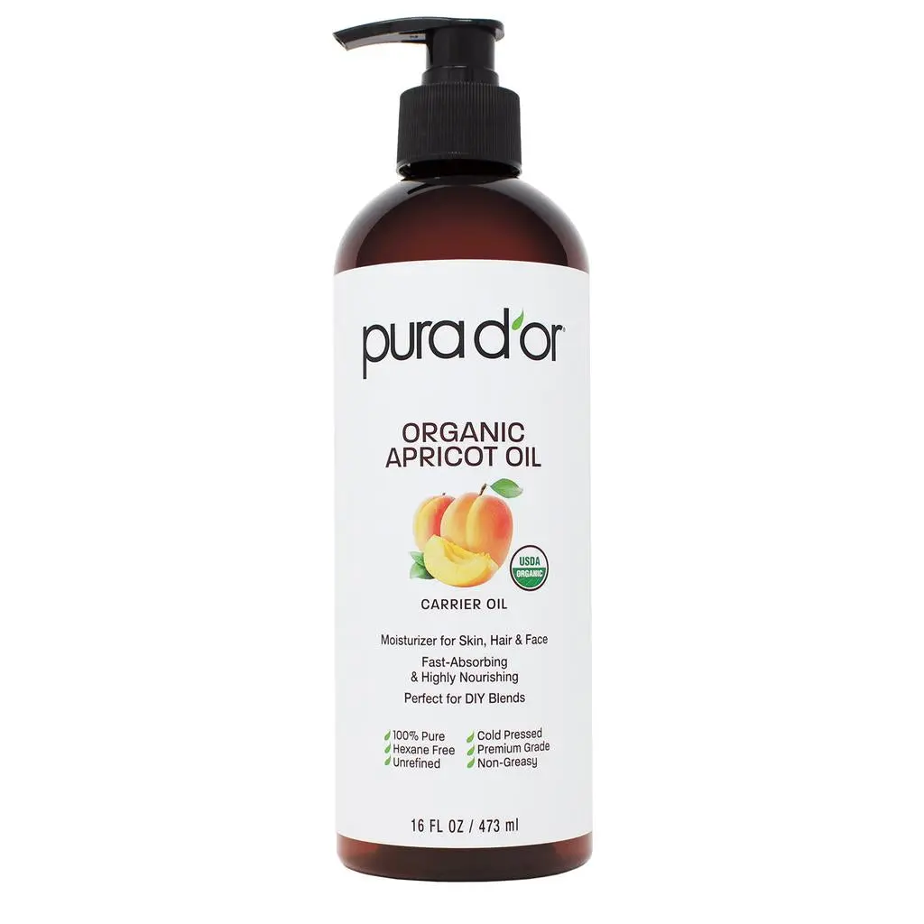 PURA D’OR Organic Apricot Oil 16oz (473ml) – Cold Pressed Carrier Oil for Face, Skin & Hair Moisturizer, Vitamin A Rich Hydrating Oil for Dry Skin, Anti Aging & Hair Shine Treatment