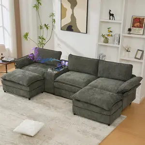 U Shaped Modular Sectional Sofa with Storage Console, Wireless Charging, 2 Cup Holders, Bluetooth Speakers, 2 Movable Footstools, Adjustable Handrail, Movable Seat, Chenille, Green for Living Room, Living Room Furniture for Apartment, Lounge