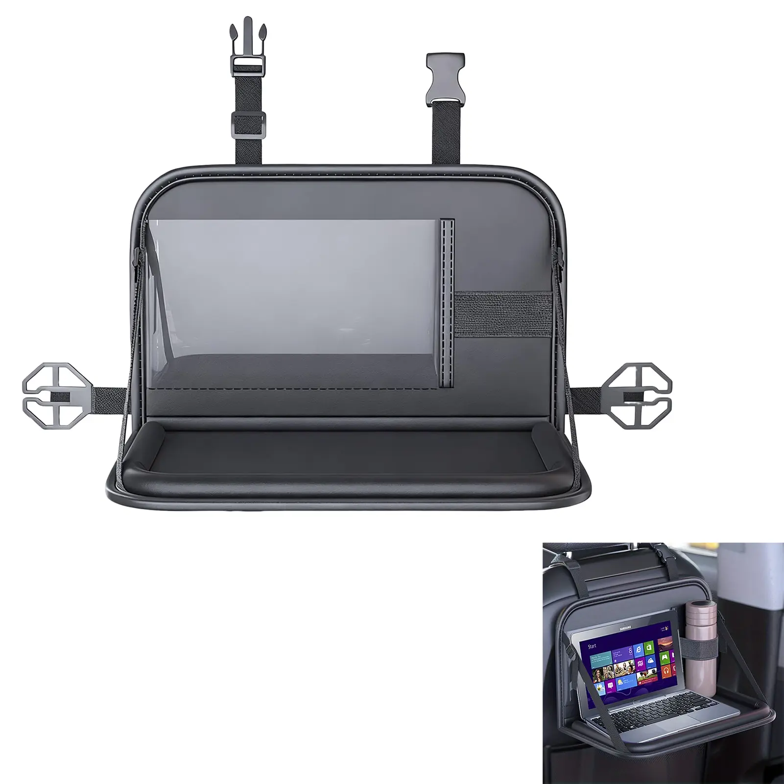 Upgrated PU Leather Car Seat Tray Table Foldable Car Seat back Dining Table Multi-functional Storage Table Stain High-temperature Resistant Car Seat Tray Holder Portable Travel Laptop Holder Stand Kids Snack Activity Table Car Trip Dining Workstation