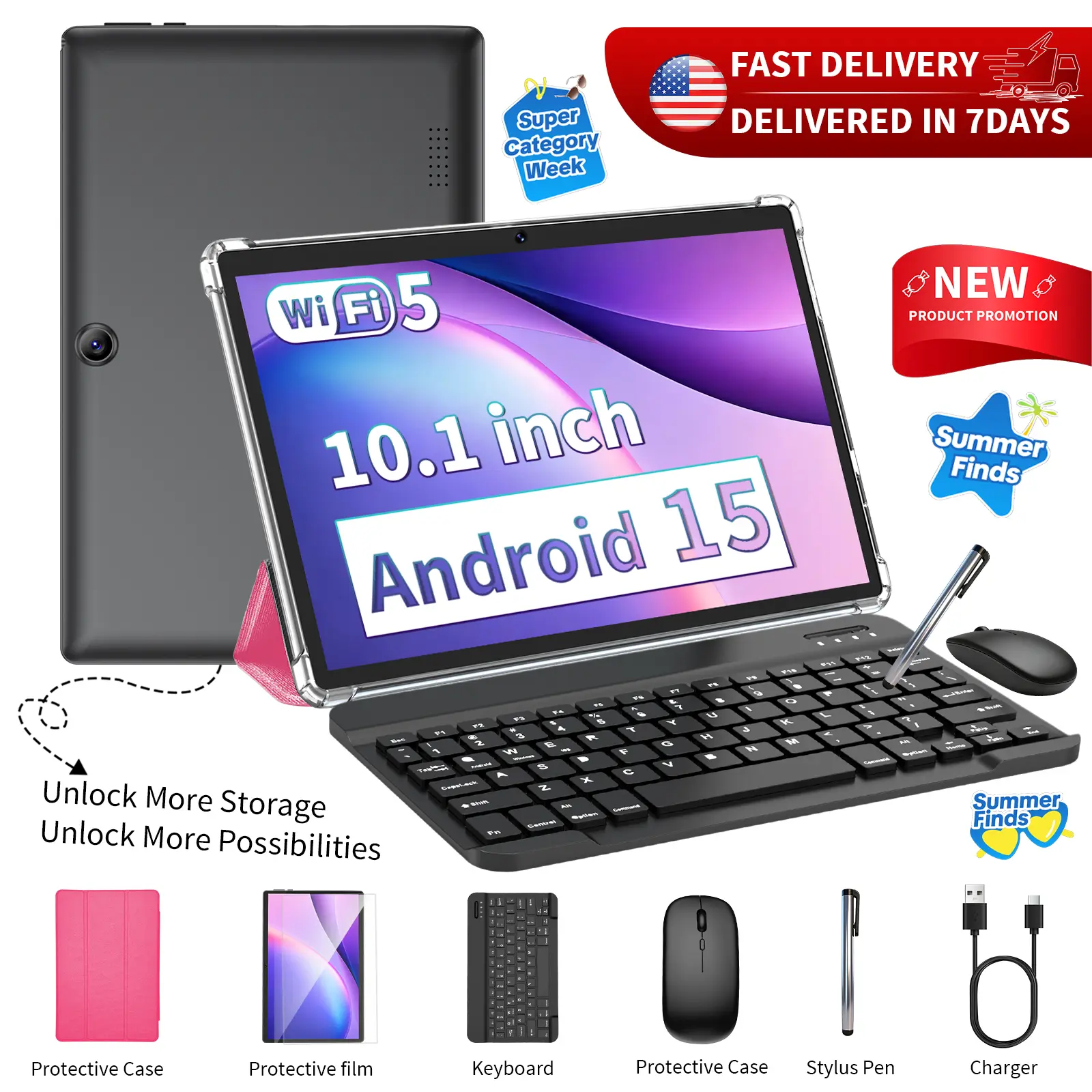 [SummerTurnUp] PYNAREL 2026 Android 15 Tablet, Complete All-in-1 Bundle with Keyboard, Mouse, Stylus & Case, Home Office & Outdoorfun summerwins ip display