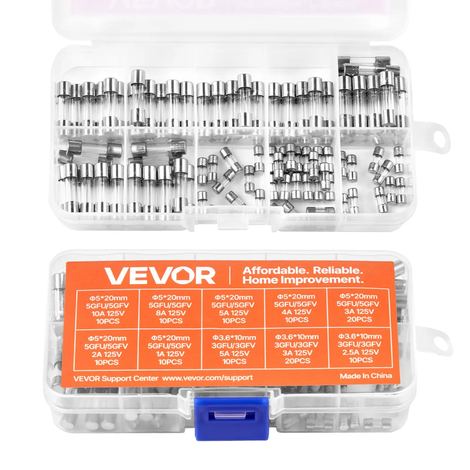 【DealsForYouDays】VEVOR 120-Piece Overload-Safe Quick Blow Tube Fuse Assortment Kit with Storage Box (0.2 lbs), 125V Rating, 5x20mm (1A,2A,3A,4A,5A,8A,10A) & 3.6x10mm (2.5A,3A,5A) Transparent Fuses for Electrical Boxes, Electronics, Appliances, LED Strips