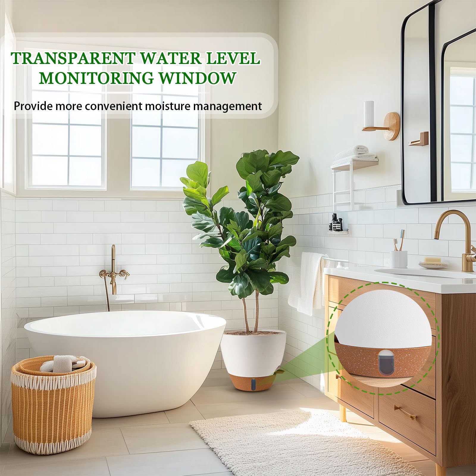 3 Pack Self Watering Pots for Indoor & Outdoor Plants, Large Plastic Planter with Drainage Holes, Water Level Indicator & Deep Reservoir, Modern Decorative Flower Pots