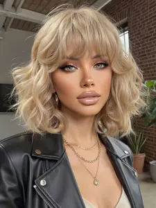 Women's Wig, 12 Inch Short Curly Hair, Full Bangs, High Temperature Resistant, Fashion Casual Wig for All Seasons, Synthetic Wavy Curly