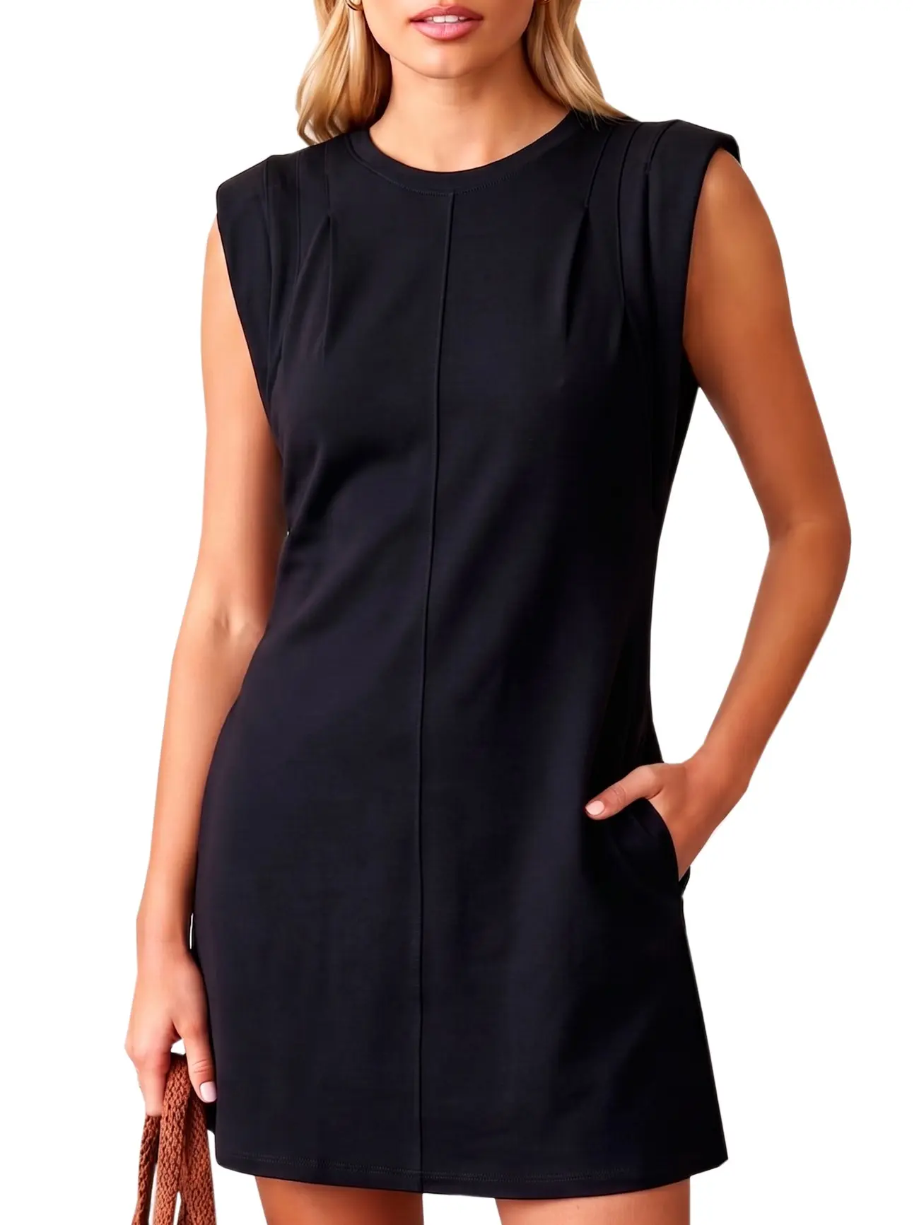 Navneet Women Pleated Crew Neck Mini T Shirt Dress Short Sleeve Loose Fit Tee Shirt Dress with Pockets Casual Summer Clothes Comfortable Fitted Pleated Design Chic Trendy Fashion Everyday Wear for Going Out Beach Vacation Party Work Office