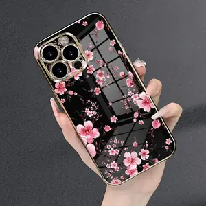 Electroplated Four-corner Phone Case for iPhone 17 Air 16 15 14 Plus 16 Pro Max 14 13 12 11Pink Flowers Pattern Anti-Scratch Shockproof Soft Silicone Protective Cover