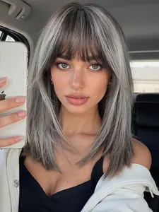 16 Inch Straight Synthetic Wig with Bangs, Natural Look, Comfortable Fit, Suitable for All Ages, Elegant Women's Hairstyle, Synthetic Material Wigs