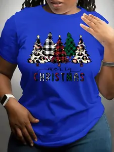 Women's Plus Size Christmas Letter Print Round Neck Short Sleeve T-Shirt, Casual Fashion Top for Spring Summer, Comfortable Fit