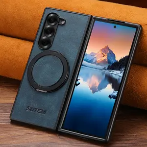 For Samsung Galaxy ZFold 7 Magnetic Case Luxury Leather For Magsafe Bracket Holder Shockproof Cover For Samsung ZFold7 6 5 Cases