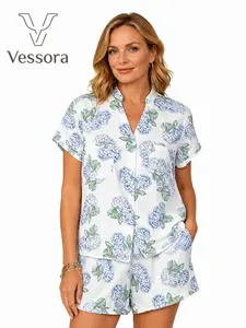 Women’s Hydrangea Blue 2-Piece Pajama Set, Soft Floral Button-Down Short Sleeve Sleepwear with Elastic Waist Shorts, Lightweight Cozy Summer Loungewear