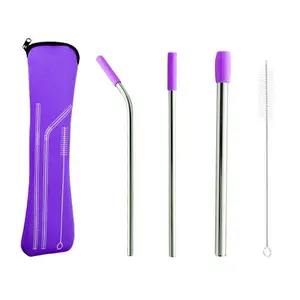 5pcs Set Stainless Steel Straws, Reusable Metal Straws With Silicone Tips, Sturdy Bent Straight Drinks Straw, Drinking Straw, Food Grade Straw, With 3pcs Straws, 1pc Cleaning Brush And 1pc Bag, 8inch, Home Bar Accessories