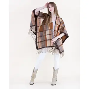 Grid trimmed shawl cape - front open blanket wrapping