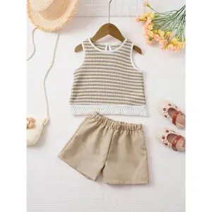 Girls Summer Striped Set, Sleeveless Fringe Top + Solid Color Shorts, Soft Breathable, Casual Park Playwear, Outfit, 1-8 Years