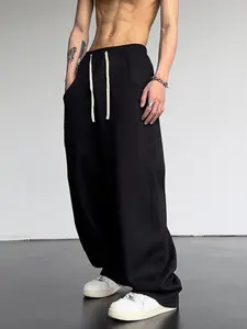 Men's Loose Wide Leg Sport Pants, Drawstring Waist Adjustable Comfort, Drape Fabric, All-Season Wear, Casual Commute/shopping/light Sports, Casual Sporty Trousers
