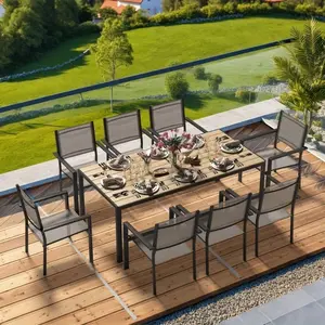 9 Piece Outdoor Patio Dining Set with 1 Rectangular Patio Table & 8 Textilene Stackable Chairs, Patio Dining Furniture for 8, WPC Tabletop and All-Weather Resistant Iron Frame, Suitable for Garden, Backyard and Deck, Brown
