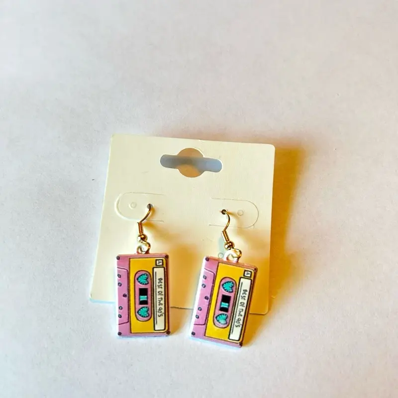 Retro Cassette Tapes Inspired Earrings for Audio-Video Music Enthusiasts, Hypoallergenic Gold Backings, Handmade by HotTeCo