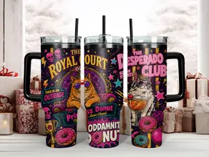Dungeon Crawler Carl The Royal Court of Princess Donut Tumbler - 'Goddamnit Donut' & 'This is an Outrage' Pop Art 40oz Insulated Stainless Steel Travel Mug with Handle & Straw - LitRPG Fan Gift
