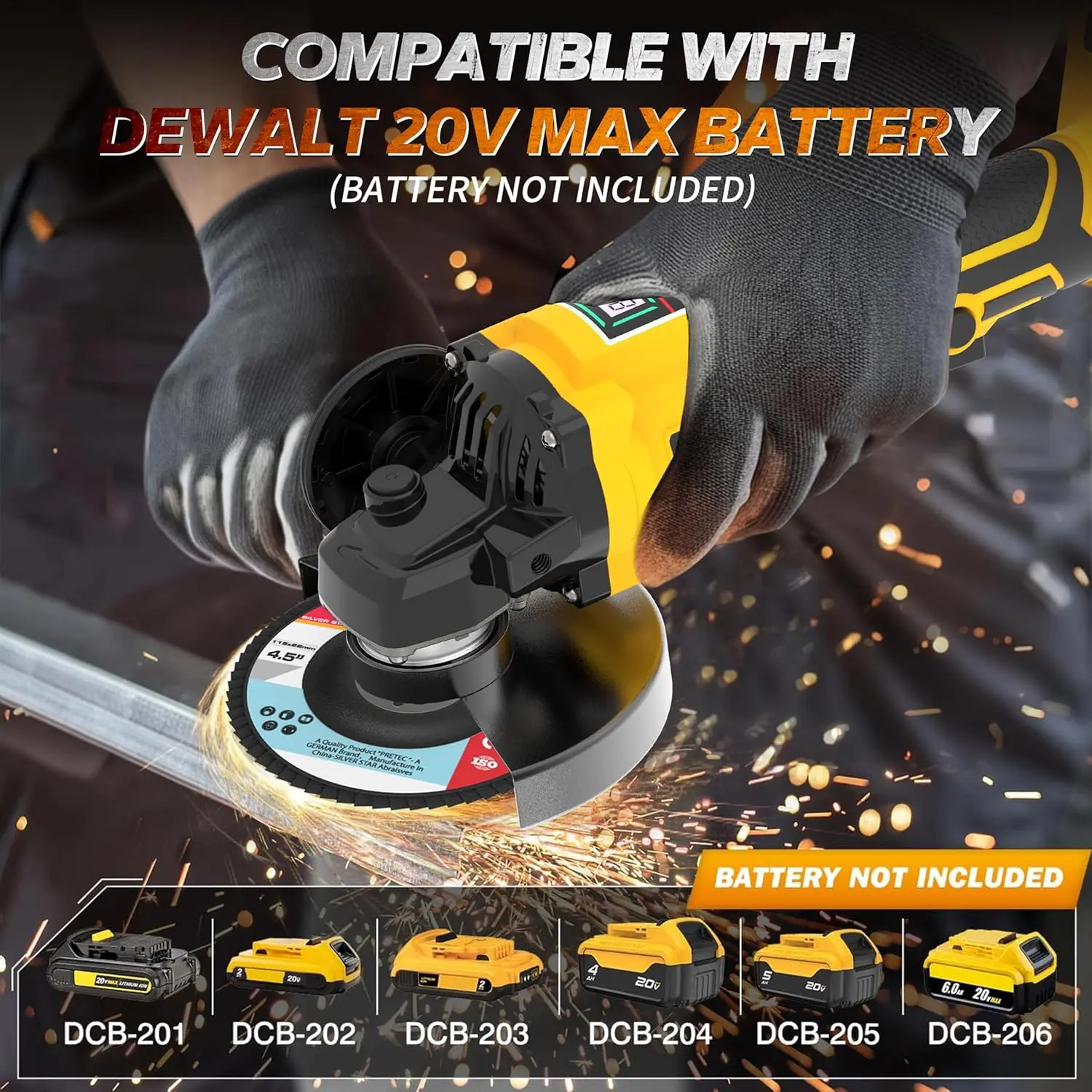 Cordless Angle Grinder Compatible With Dewalt 20V MAX Battery – 4.5", Brushless Motor, 3 Speeds Up To 7000 RPM – Tool Only