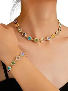 2-piece set of waterproof, colorful zircon jewelry for women, Elegant Jewelry Set, featuring a heart-shaped design, trendy fashion, copper inlay with zircon, including bracelet, necklace, and hand chain