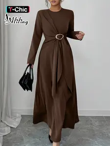 Aliling Women's Elegant Long Dress, Long Sleeves, Round Neck, Fitted Design, Plain Pattern, Fall & Winter Wear, High Waist Tie Decor, Casual Style