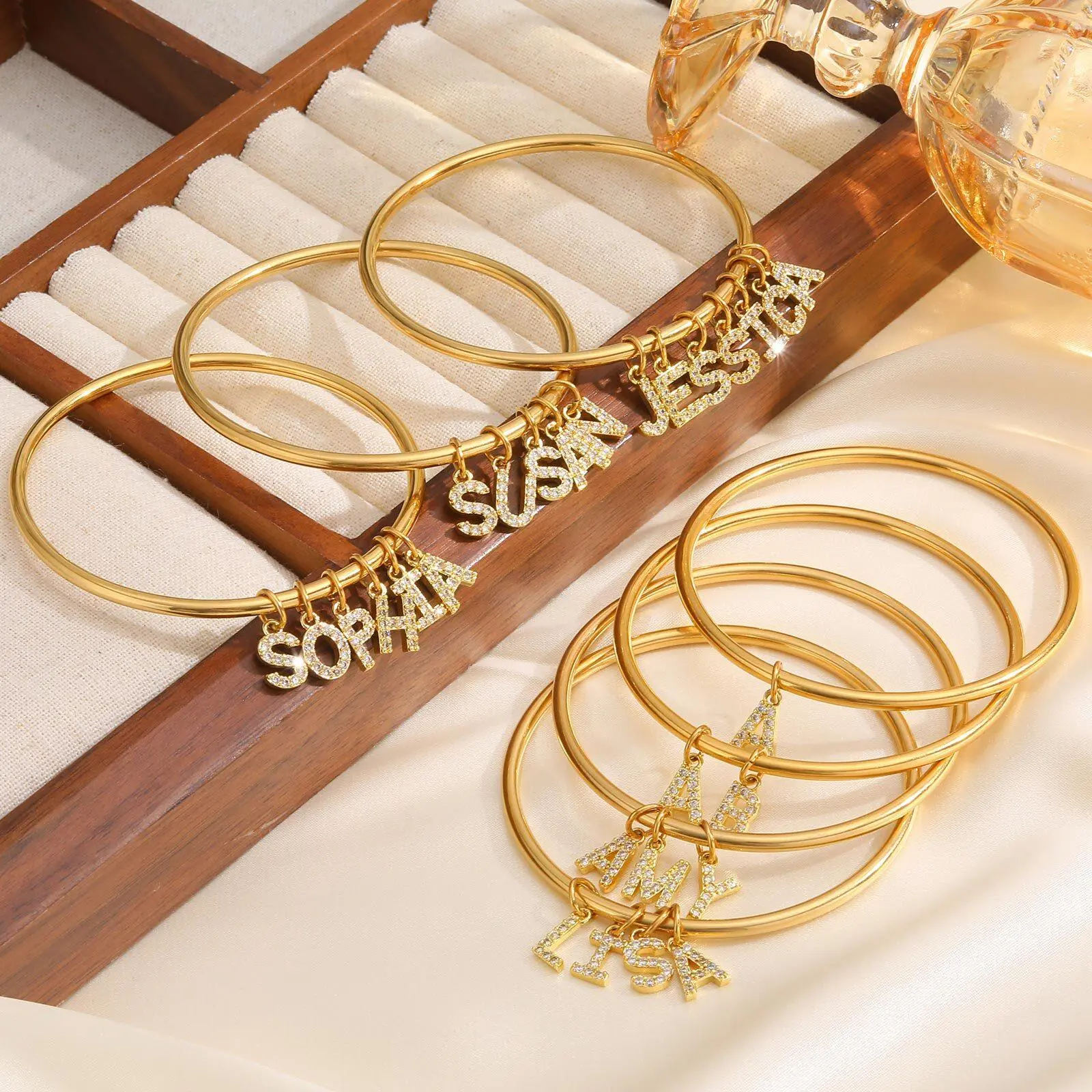 Vnox Personalized Name Bangles for Women Girls, Full Zircon Initial Name Charms Bracelets, Classic Meaningful Mother's Day Gift