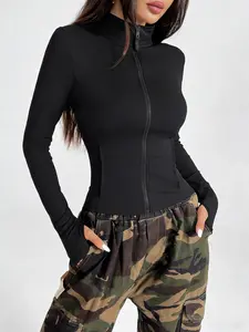 Women's Form Fitting Full Zip Mock Neck Top, Thumb Hole Sleeve Activewear For Workout & Street Style