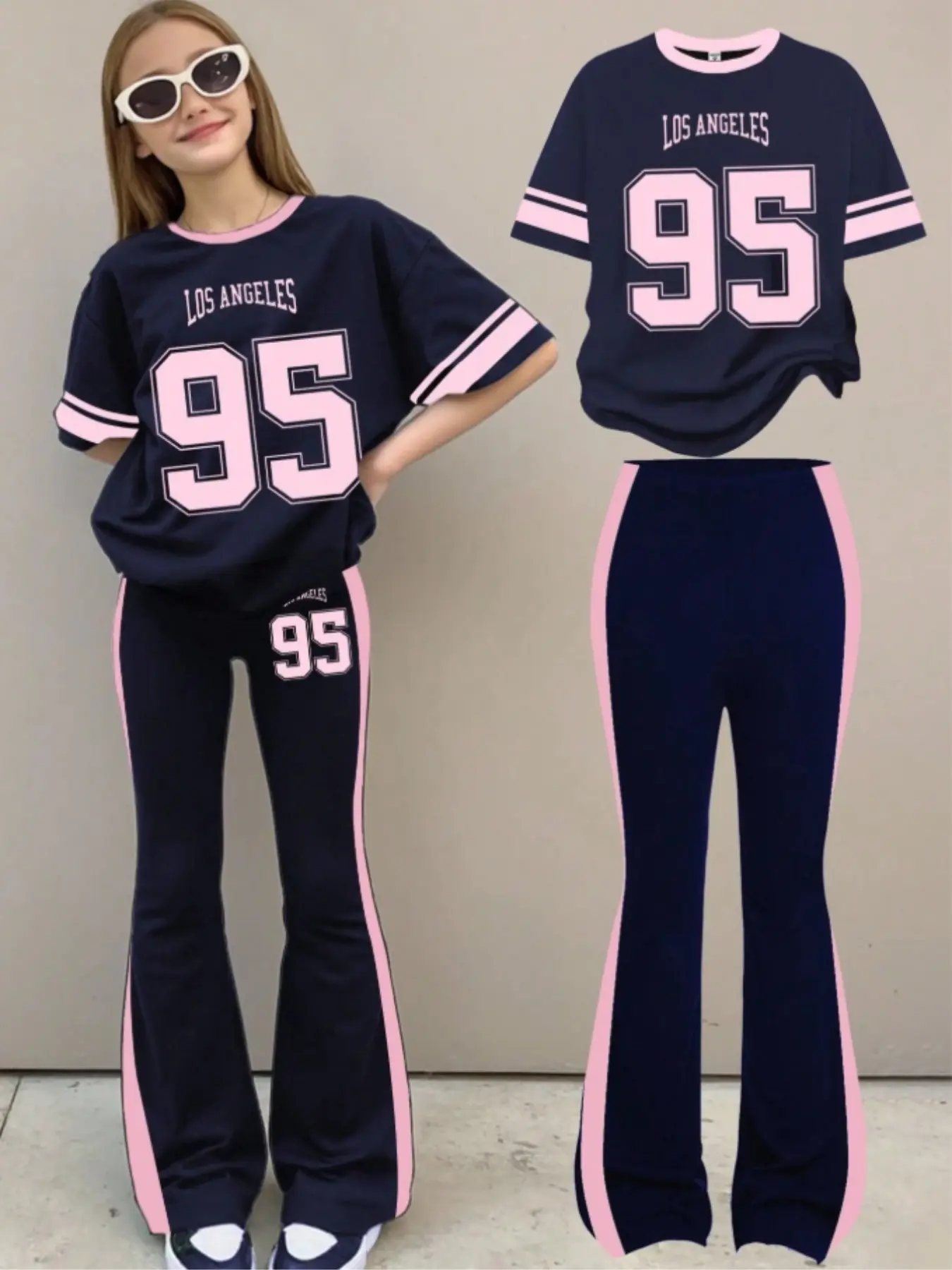 2 Piece Set for Teen Girls, Vintage Casual Navy College Style Round Neck T-Shirt and Flare Pants, Stylish Summer and Fall, School Return and Homecoming Wear